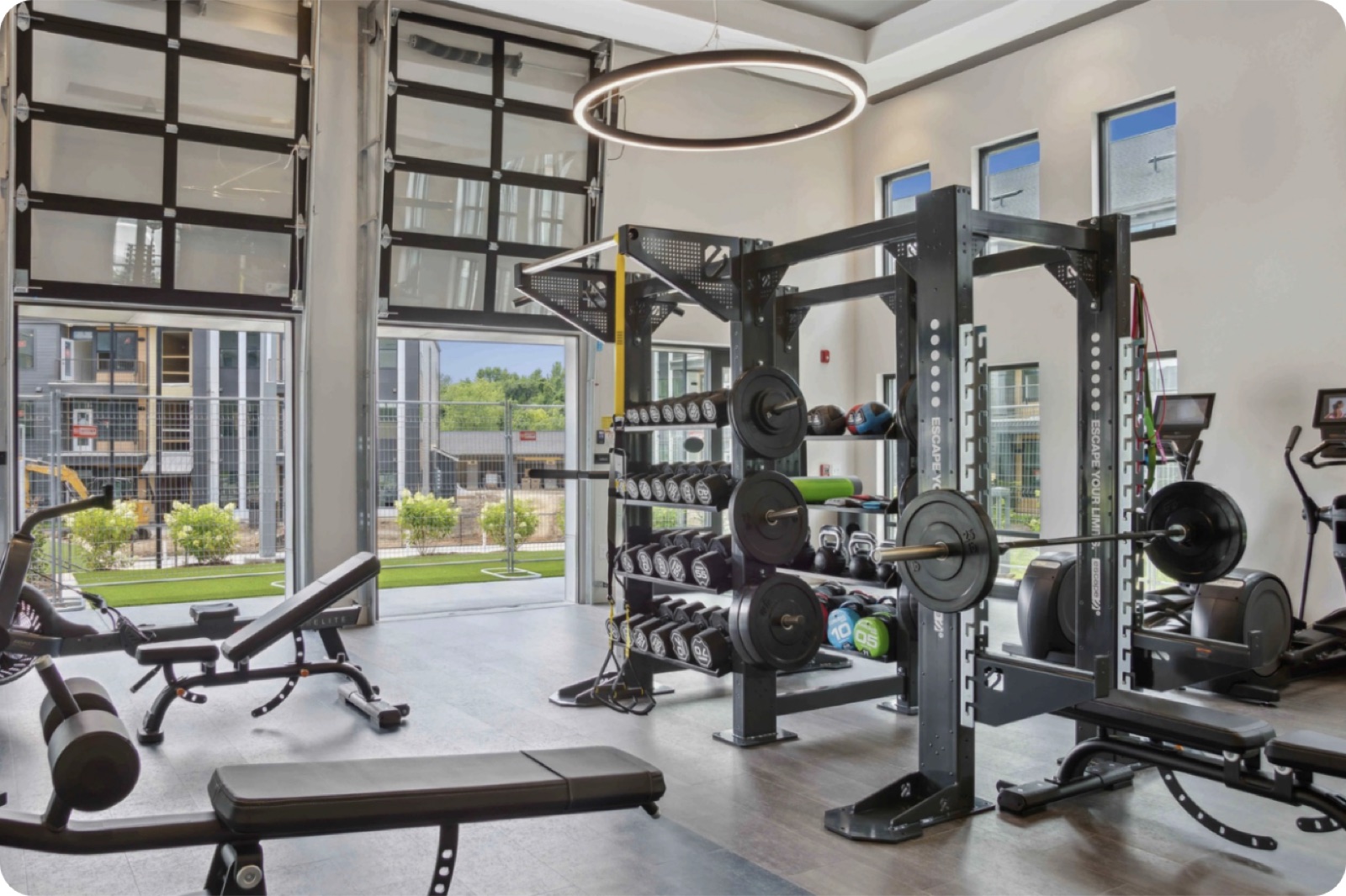 Modern residential gym with squat racks, free weights, and cardio equipment