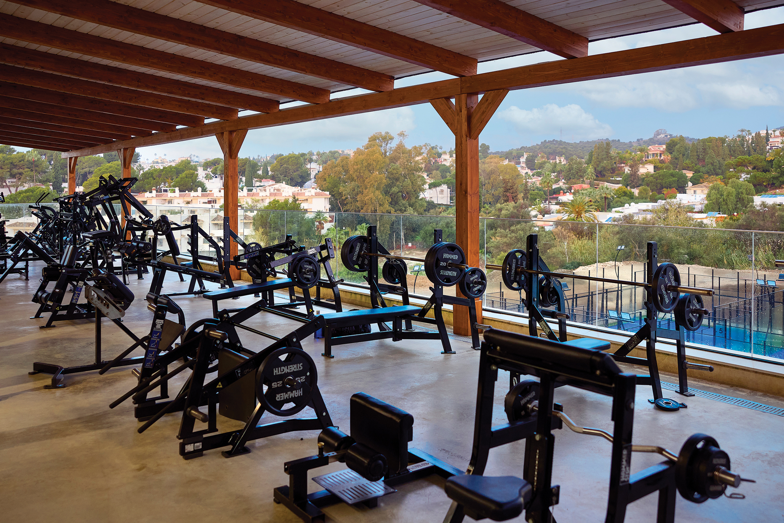 Upscale outdoor gym space at a hotel within a desert environment