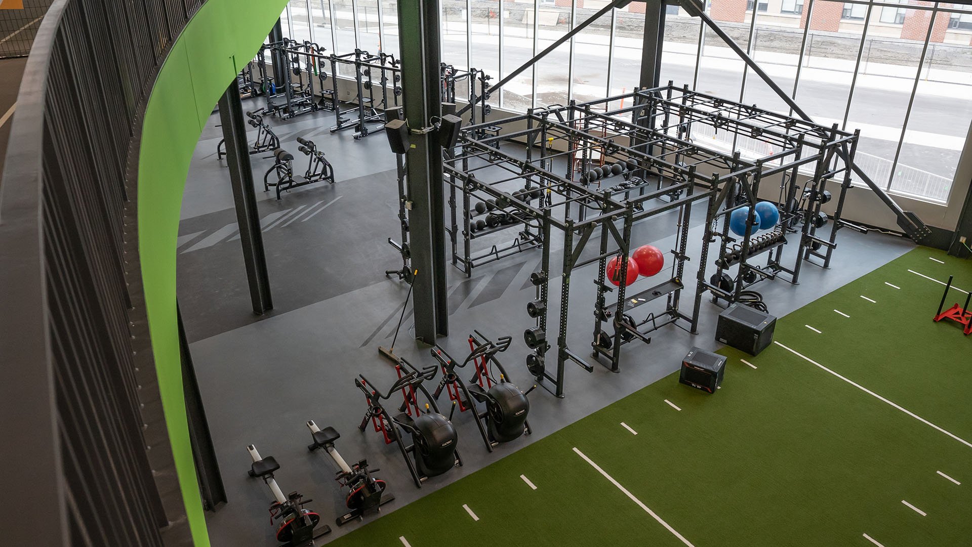 Circuit training area with turf strip and suspended rig