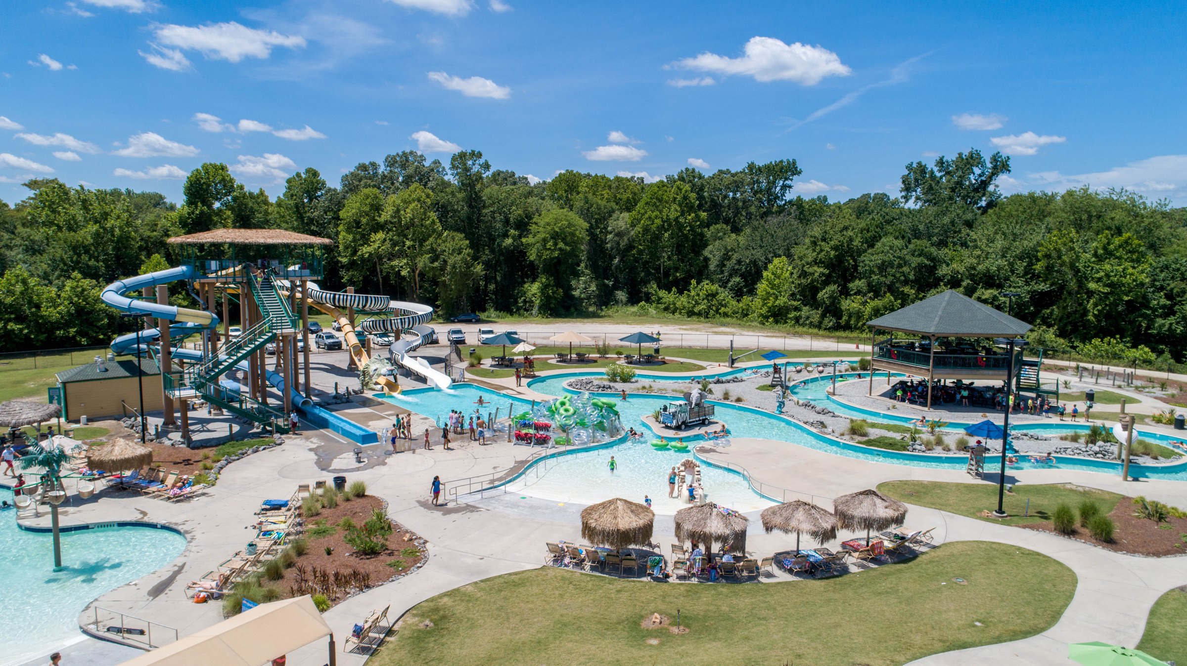 Aerial view of a waterpark with slides and lazy river