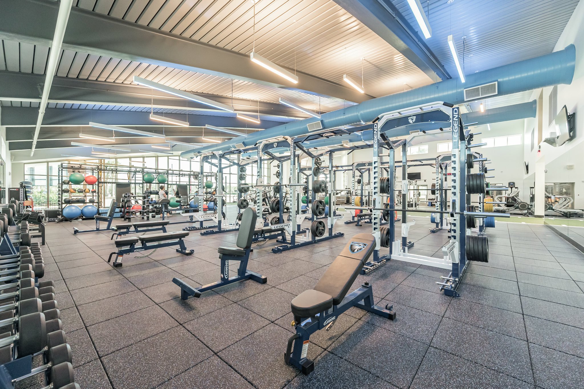 Open gym floor with treadmills, ellipticals and strength equipment