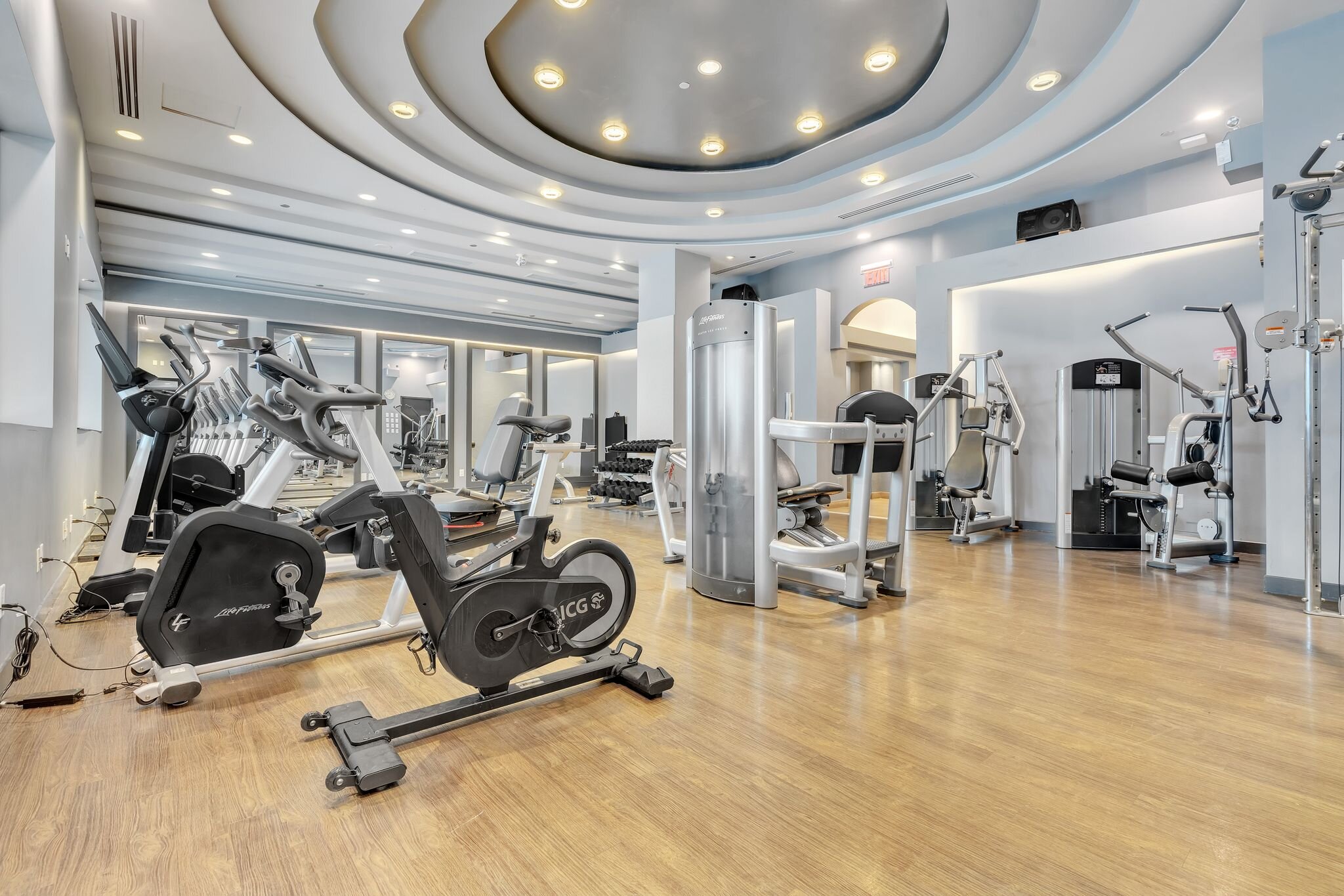 Fitness room beneath a domed ceiling with exercise bikes and weight machines
