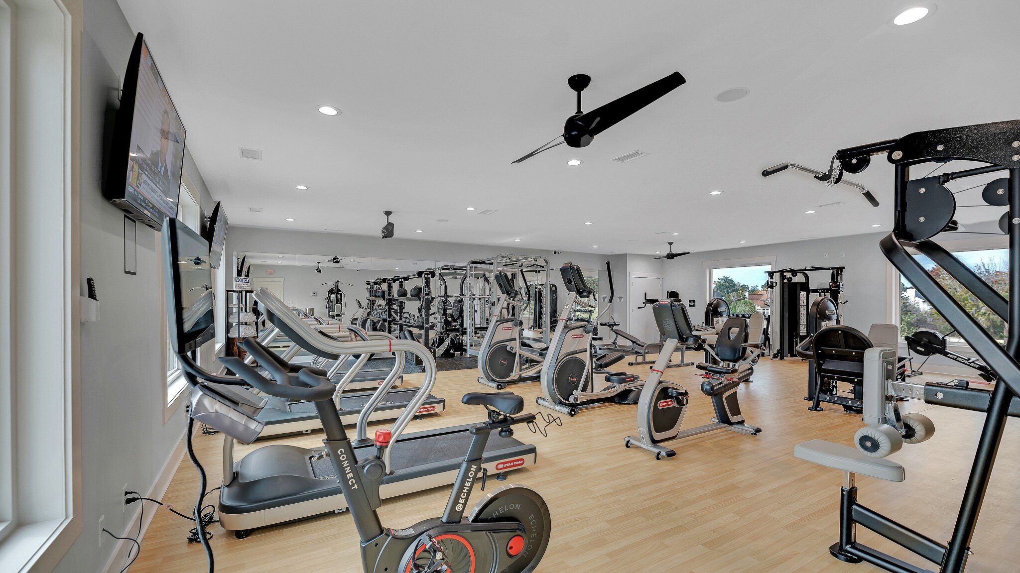 Residential gym with treadmills, a ceiling fan and a wall-mounted screen