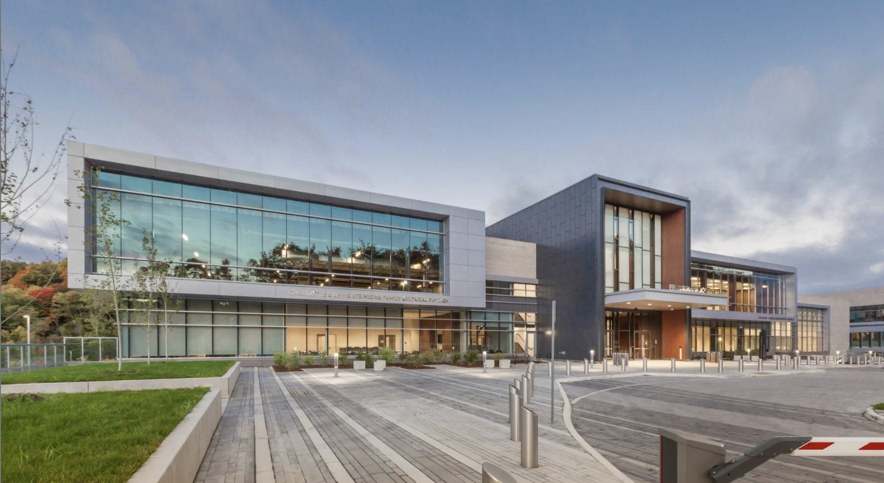 Modern civic recreation centre exterior with a glass facade